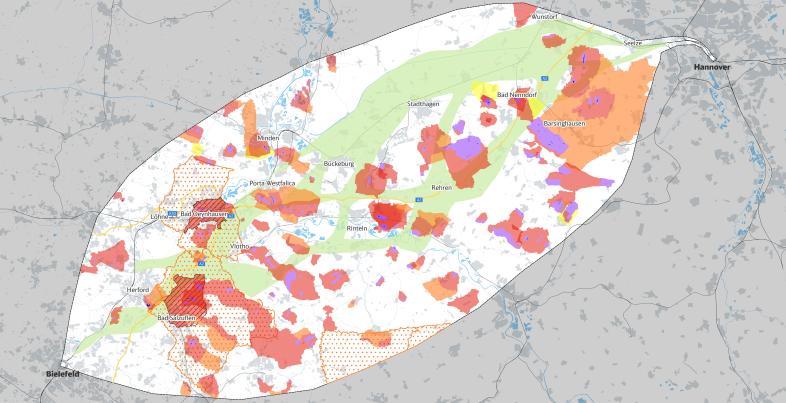 Die Karte zeigt Wasserschutzgebiete im Projektraum zwischen Hannover und Bielefeld.