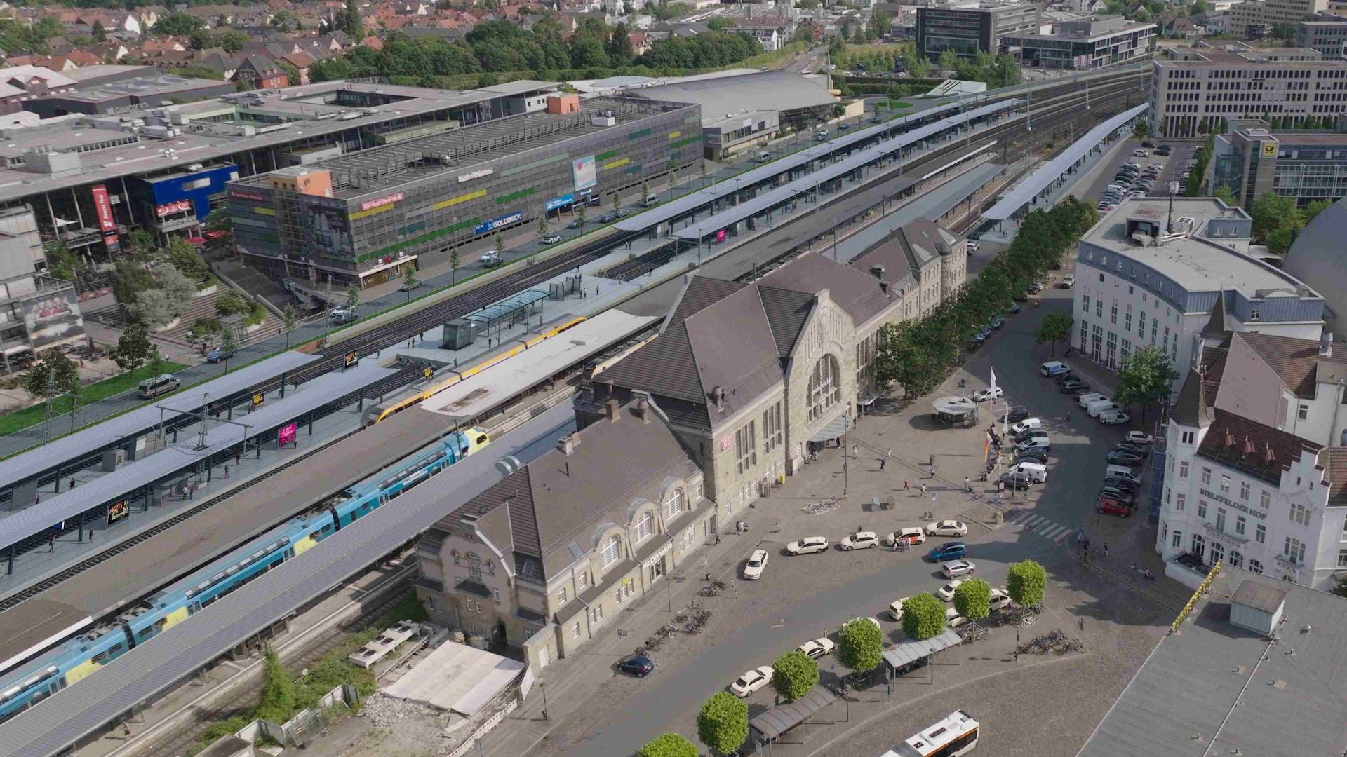 Erster Entwurf für den Umbau des Hauptbahnhofs in Bielefeld von oben